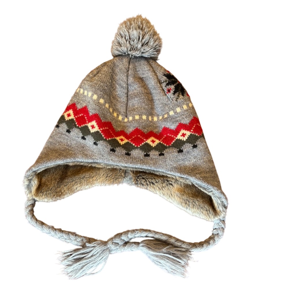 SIGGI Peruvian Pom‎ Knit Hat Faux Fur Lined Braided Tassels One Size Argyle Gray
